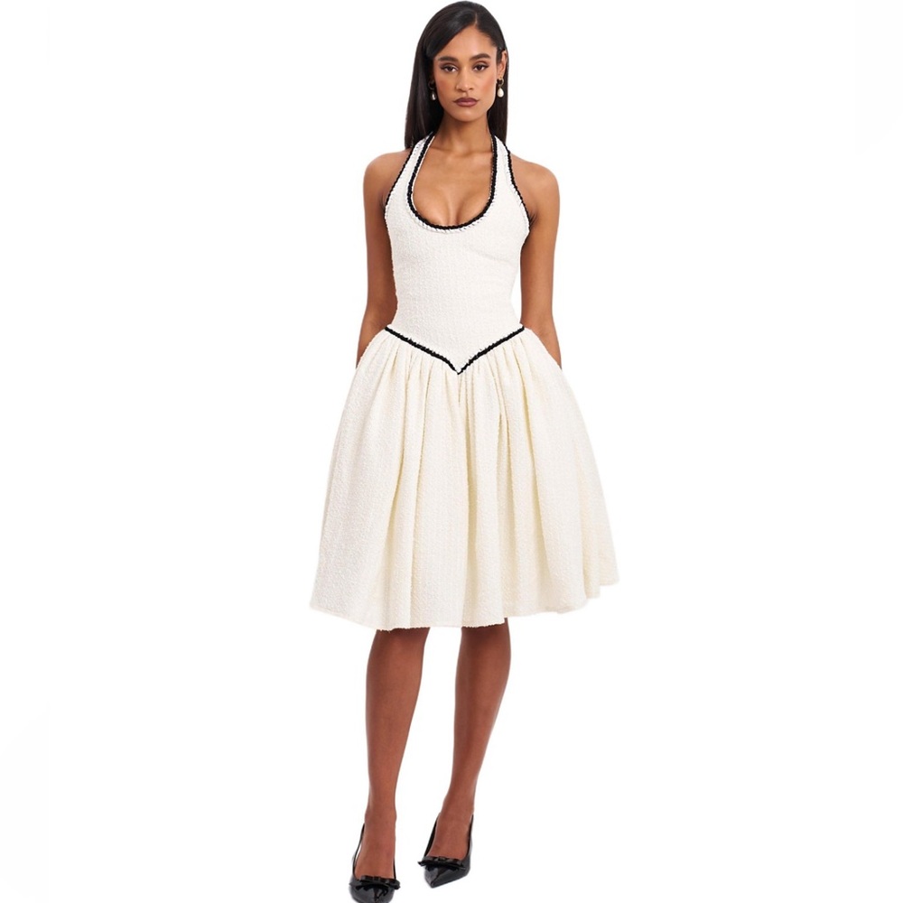 Miss circle Natalie U Neck Halter Drop Waist Tweed Midi Dress
